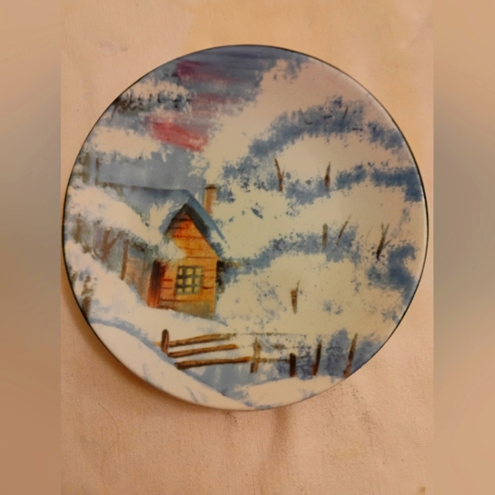 Scenic Winter Plate with Cabin Design